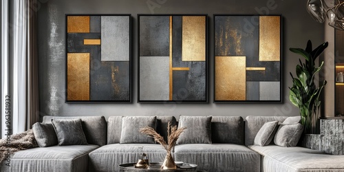 Abstract Geometric Canvases with Golden and Dark Gray Colors. AI generated illustration. photo