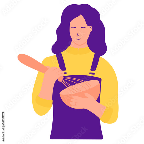 pastry chef. Chef cooking meringue. A girl in an apron holding a bowl of cream in her hand. Vector illustration. Isolated on white background. 
