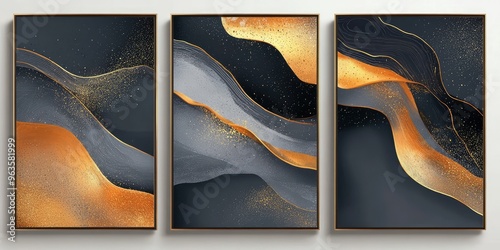 Abstract Geometric Canvases with Golden and Dark Gray Colors. AI generated illustration. photo