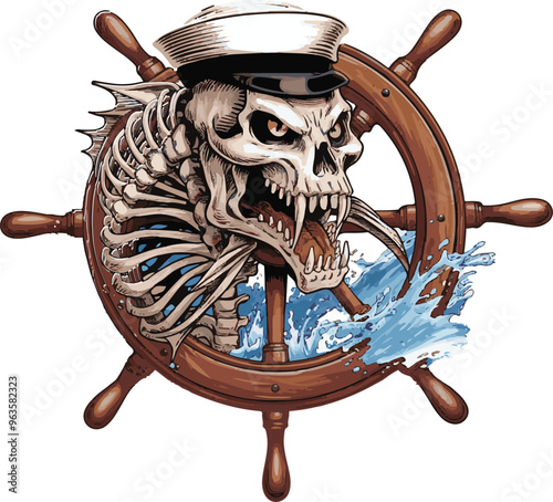 Skeletal Pirate Fish Captain - Nautical Skeleton Steering Wheel Art