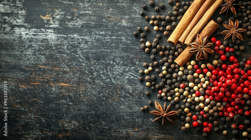 Fototapeta premium Spices like black pepper, cayenne pepper, cardamom, cinnamon sticks, star anise, nutmegs, and cloves scattered on a dark wood surface. The colorful mix stands out against a deep gray background, with