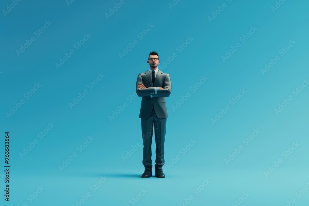 Confident businessman standing alone against a blue background, representing professionalism and success in the corporate world. Confident businessman standing alone against a blue background, representing professionalism and success in the corporate world.