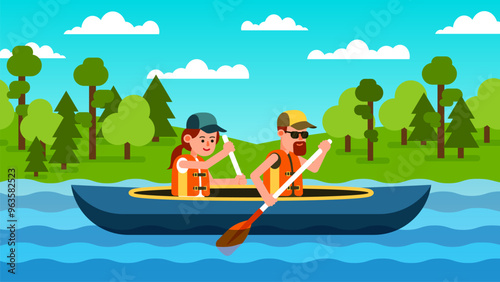 Man and woman paddle a kayak on a sunny day, surrounded by trees and a clear blue sky. People are sailing on a boat along the river. Vector illustration