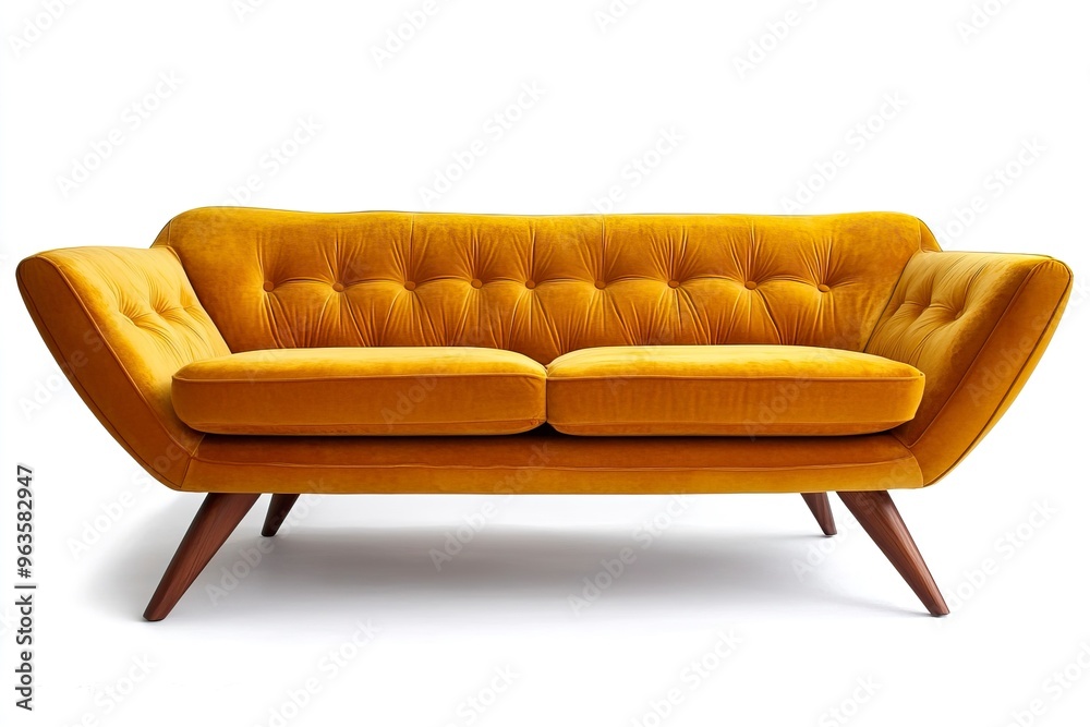 Chic modern sofa with button tufts and angular wooden legs isolated.generative ai Chic modern sofa with button tufts and angular wooden legs isolated.generative ai