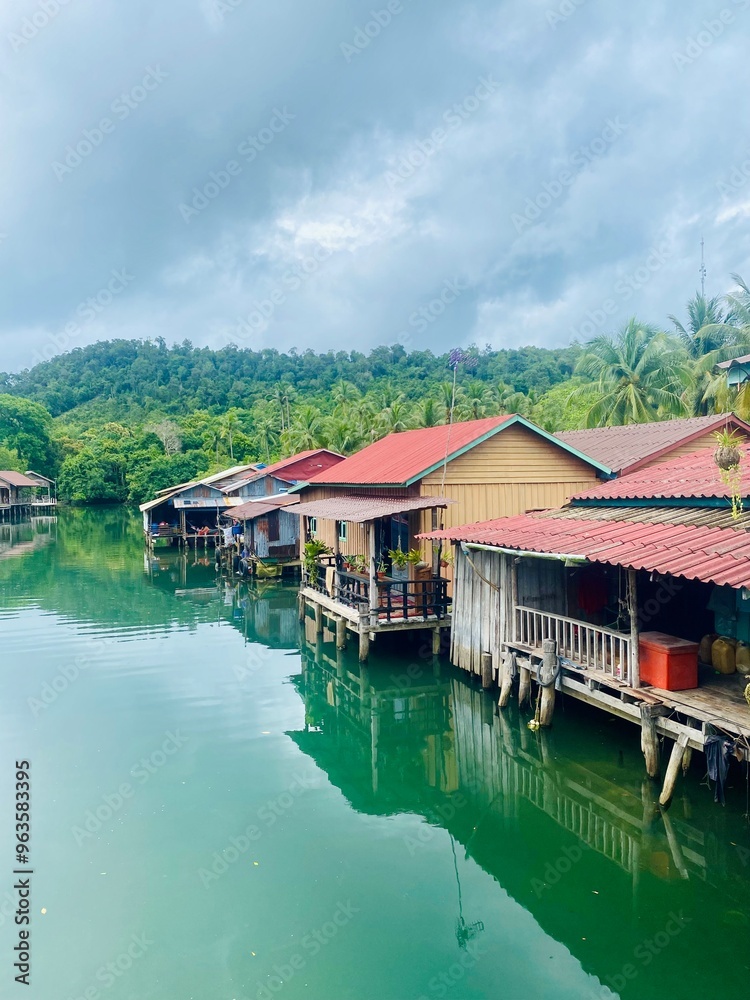 Fototapeta premium Traditional Fishermen’s Houses on Stilts in a Small Village on Koh Rong, Cambodia