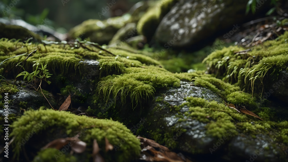 Lush green moss covering stones in a serene forest setting during early morning light Lush green moss covering stones in a serene forest setting during early morning light