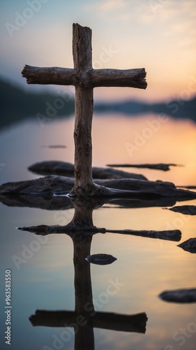 Driftwood Cross Reflecting in Tranquil Lake Symbolizing Peaceful Spirituality. photo