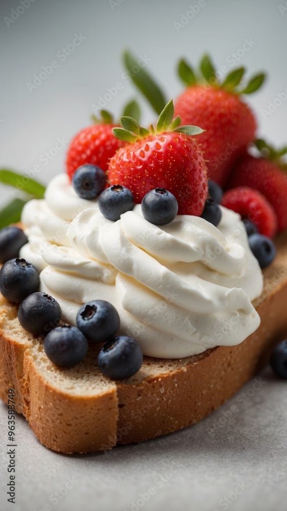A piece of bread topped with berries and whipped cream. A piece of bread topped with berries and whipped cream.