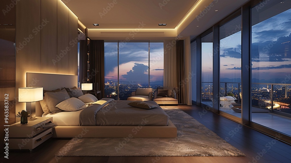 Modern Bedroom with City View and Evening Light Modern Bedroom with City View and Evening Light