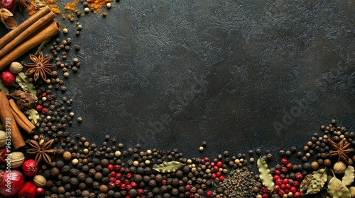 Fototapeta Naklejka Na Ścianę i Meble -  A vibrant spread of spices such as black pepper, cayenne pepper, cardamom, cinnamon sticks, star anise, nutmegs, and cloves on a dark wood background. The rich colors contrast beautifully against the
