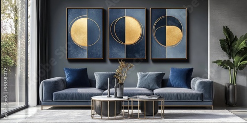 Abstract Geometric Canvases with Golden and Dark Gray Colors. AI generated illustration. photo