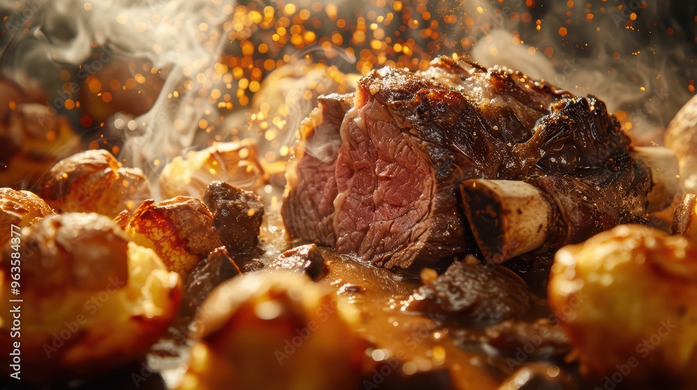 Fototapeta premium Succulent roasted meat surrounded by crispy potatoes, sizzling in rich gravy with aromatic spices, perfect for a hearty meal.