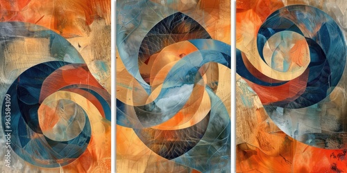 Abstract Geometric Grunge Wall Art Panels with Swirling Orange and Blue Designs. AI generated illustration photo