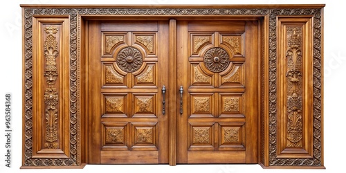 isolated, natural grain patterns,double wooden door, Double wooden door isolated on a white background showcasing the intricate woodwork and natural grain patterns