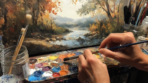 A close-up of an artist’s hands mixing paints on a palette, with a canvas in the background showing the beginnings of a landscape painting, capturing the creative process and the tactile nature of tra photo