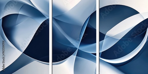 Abstract Geometric Wall Art Panels with Blue and White Curves, Digital Painting Style. AI generated illustration photo