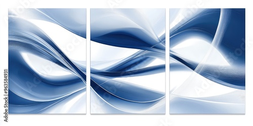 Abstract Geometric Wall Art Panels with Blue and White Curves, Digital Painting Style. AI generated illustration photo