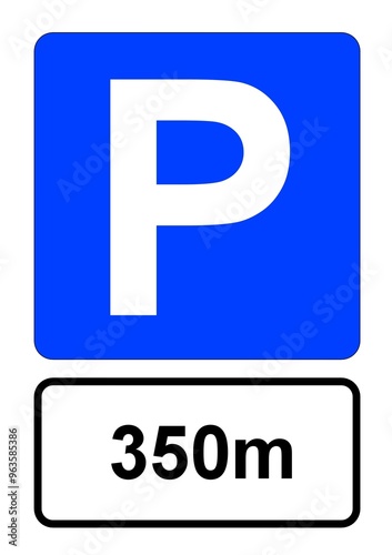 Illustration eines blauen Parkplatzschildes mit der Aufschrift "350m"