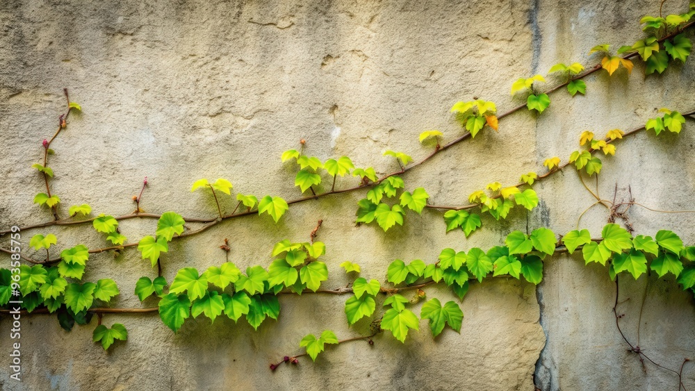 Vine branch with green leaves growing on a wall Vine branch with green leaves growing on a wall