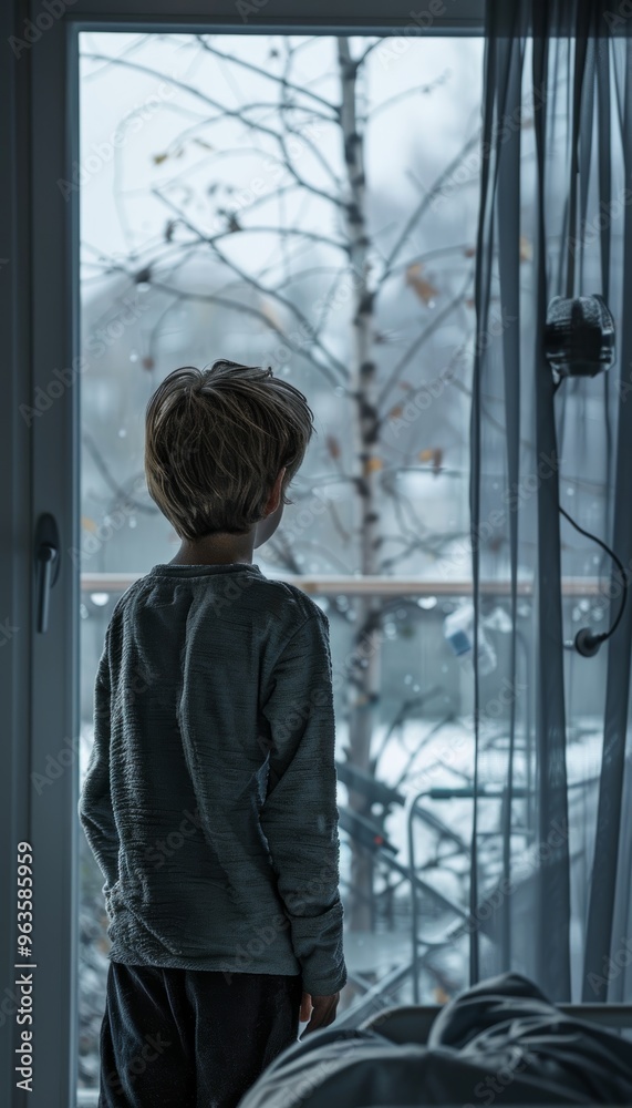 Young Boy Longing Outside Hospital Window - Emotional Distance, Family, Love, Care Young Boy Longing Outside Hospital Window - Emotional Distance, Family, Love, Care
