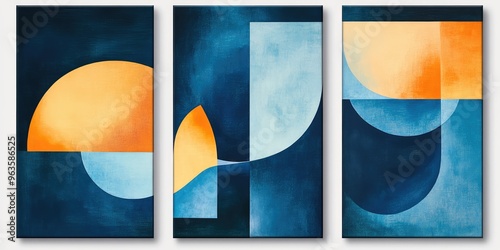 Abstract Painting of Blue and Orange Geometric Shapes. Abstract Painting Wall Decor. AI generated illustration photo