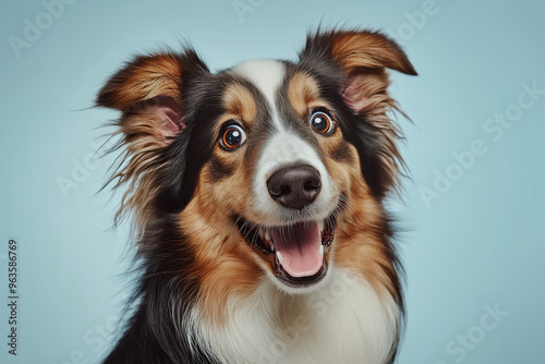 A portrait of a Collie dog with a surprised and happy expression on face looking at camera over light blue background.