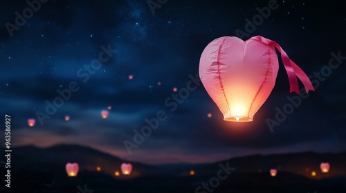 Heart-Shaped Sky Lantern Floating in Night Sky photo