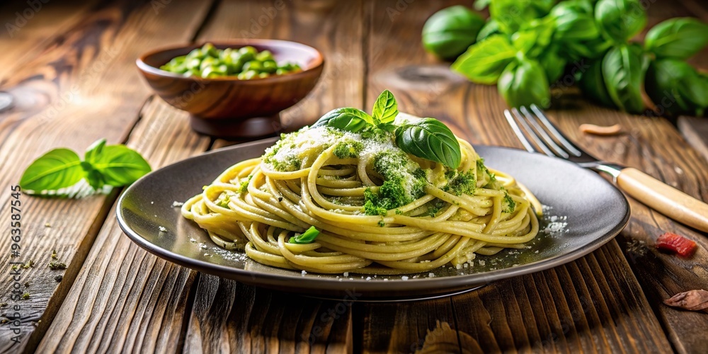 A plate of cooked pasta with vibrant green pesto sauce and finely grated Parmesan cheese is placed on a wooden table, wooden, gourmet, parmesan, cheese, delicious, homemade, flavorful