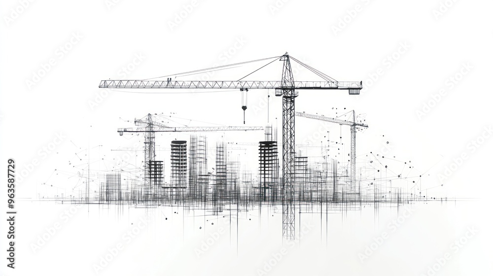 Construction Cranes and Cityscape in a Wireframe Illustration Construction Cranes and Cityscape in a Wireframe Illustration