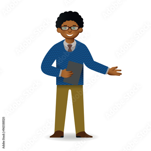 Vector cheeky african man character explaining pose
