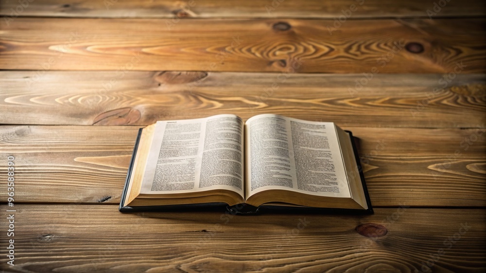 Obraz premium chapter Matthew, wooden table, atmosphere, open, minimalist, An open bible lies on a minimalist wooden table creating a contrasting atmosphere with the chapter of Matthew