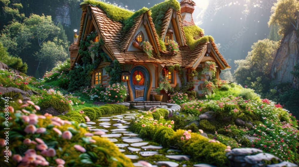 Obraz premium A charming cottage surrounded by a lush green garden, with a paved path leading to a wooden door, in a beautiful fairytale landscape filled with trees and flowers.