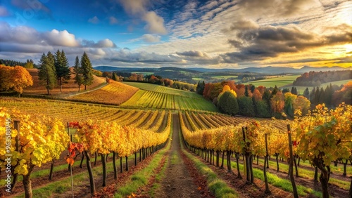 panoramic shot, worm's eye view, vineyard, seasonal, wine grapes, scenic, harvest, countryside, rural, winery, colorful, Dundee Oregon Vineyard During Fall Season Panorama Worm s Eye View