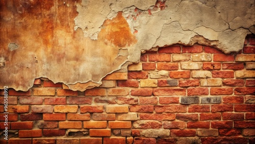 Vintage retro grungy red brick wall with cracked beige stucco background for textured stock photo