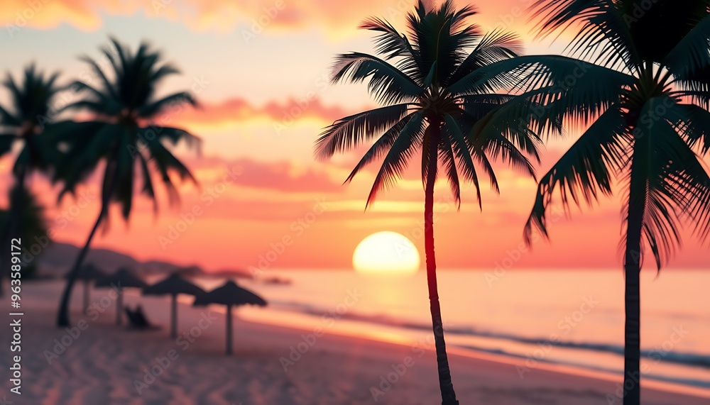A scenic sunset over a tropical beach, with palm trees silhouetted against the bright orange sky. A scenic sunset over a tropical beach, with palm trees silhouetted against the bright orange sky.