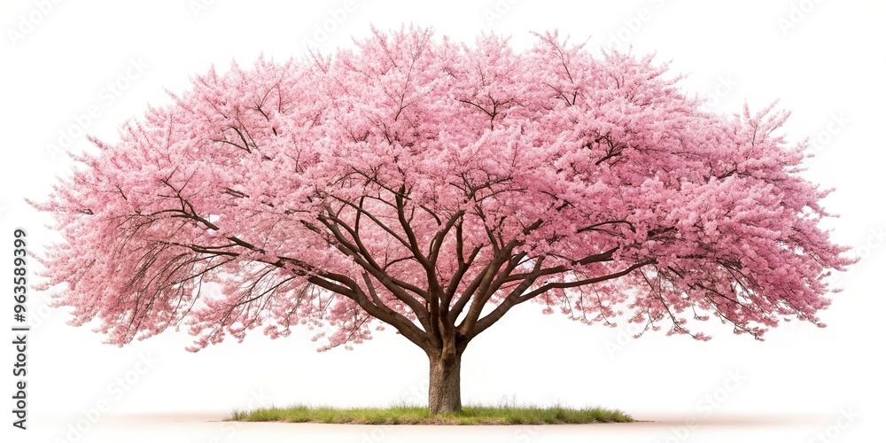 Obraz premium white background, Cherry blossom tree in full bloom during spring season with a gentle pink hue beautifully isolated on a pure white background allowing for ample copy space