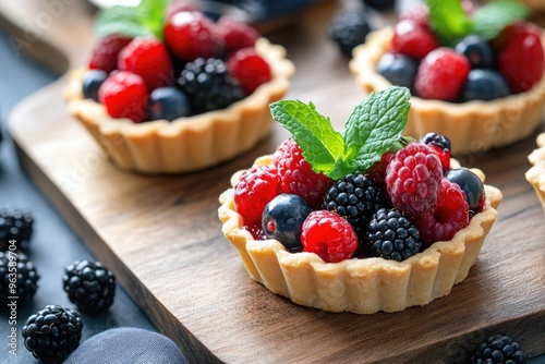 Mini berry tartlets topped with a variety of fresh berries and a mint leaf, displayed on a wooden board