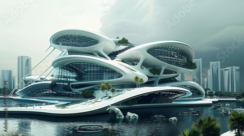 Futuristic Architecture, Modern Building Design on Water