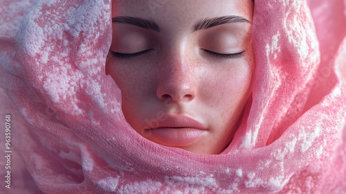 A Close-Up of a Woman's Face Partially Covered by Pink Fabric