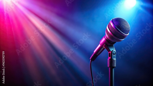 illuminated, blue, show, microphone, eye level, concert, showmanship, stage, sound, illuminated,band, music, A band stage microphone highlighted by a pink and blue light at eye level photo