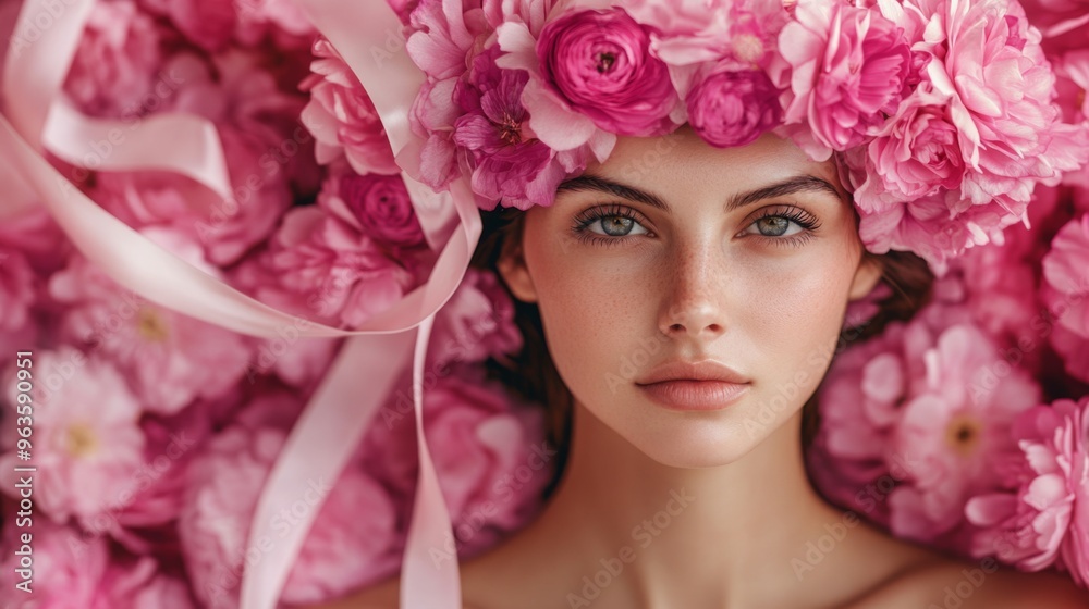 Woman with Flower Crown in a Sea of Pink Petals Woman with Flower Crown in a Sea of Pink Petals