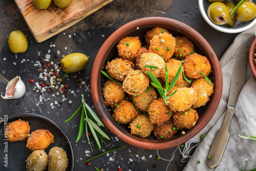 olive allascolana and ascolane ripiene antipasto, top view