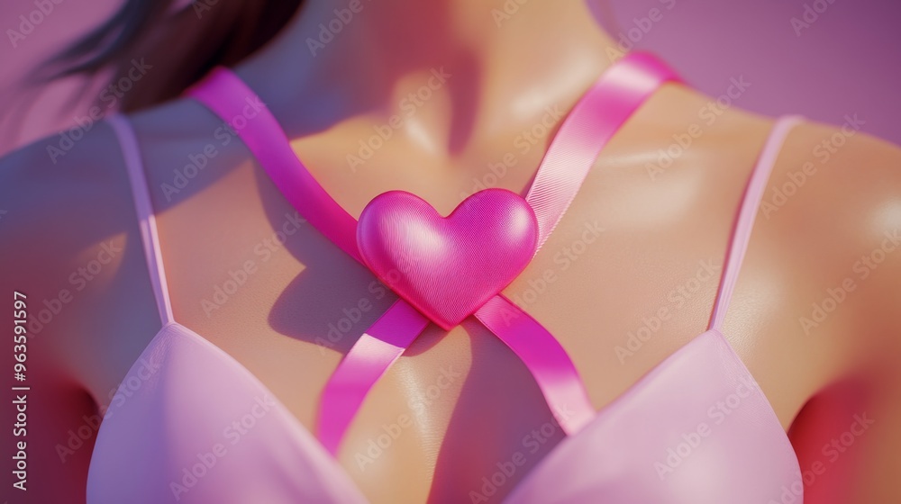 Pink Heart on a Woman's Chest with Ribbon Pink Heart on a Woman's Chest with Ribbon
