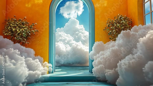 A door opens to reveal a sky filled with clouds in a bright yellow room.