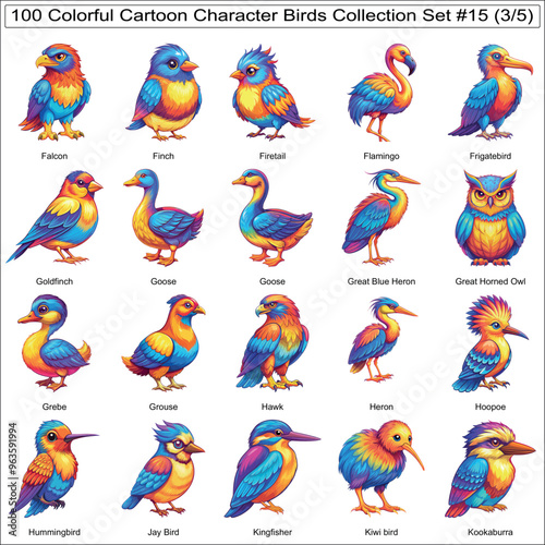 Colorful Cartoon Character Birds Collection Set of 100 Isolated Animals Part 3