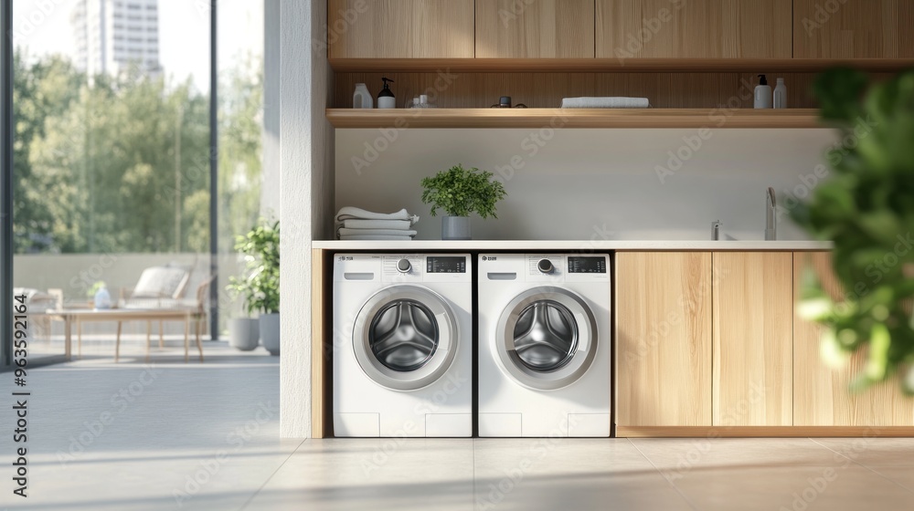 Modern Laundry Room with White Washing Machines Modern Laundry Room with White Washing Machines