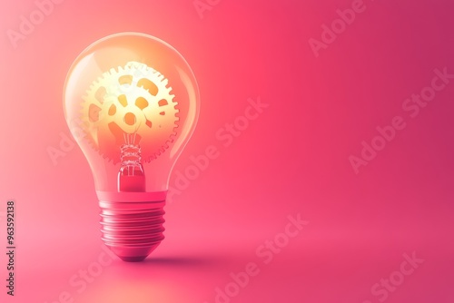 Creative light bulb icon representing innovation with gear inside on coral background
