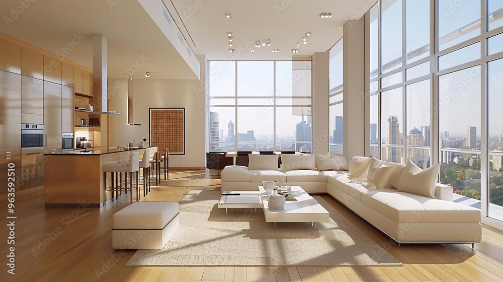 Modern Apartment Living Room with City View Modern Apartment Living Room with City View