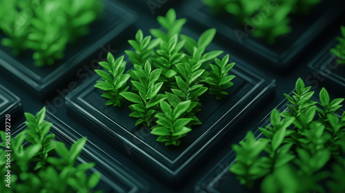 Close-up of vibrant green plants growing in modern trays, showcasing lush foliage and healthy growth in a greenhouse setting. high quality photo