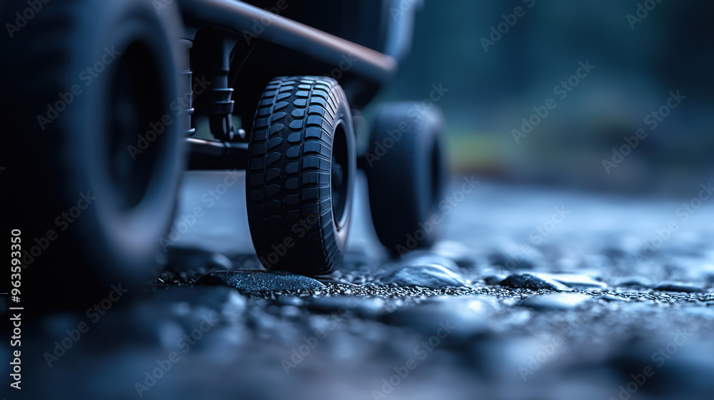 Fototapeta premium Close-up view of a tire on a rocky surface, showcasing intricate details and textures in a serene outdoor environment. high quality